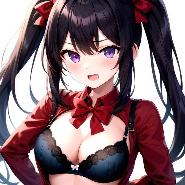1girl Black Eyes Blue Hair Blush Bow Bowtie Bra Breasts Center Opening Cleavage Collared Shirt Fang Black Bra Hair Intakes, 1354077755 - AIHentai - aihentai.co on pornsimulated.com