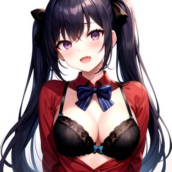 1girl Black Eyes Blue Hair Blush Bow Bowtie Bra Breasts Center Opening Cleavage Collared Shirt Fang Black Bra Hair Intakes, 2082521411 - AIHentai - aihentai.co on pornsimulated.com