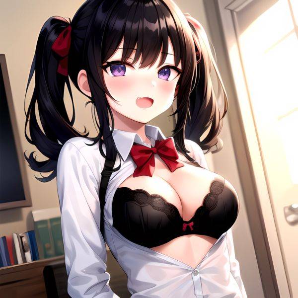 1girl Black Eyes Black Hair Blush Bow Bowtie Bra Breasts Center Opening Cleavage Collared Shirt Fang Grey Bra Hair Intakes, 1929453210 - AIHentai - aihentai.co on pornsimulated.com