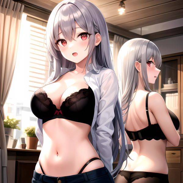 1girl Black Bra Blush Bra Breasts Double Parted Bangs Foreshortening Grey Hair Hair Between Eyes Indoors Large Breasts Long Hair, 1610103712 - AIHentai - aihentai.co on pornsimulated.com