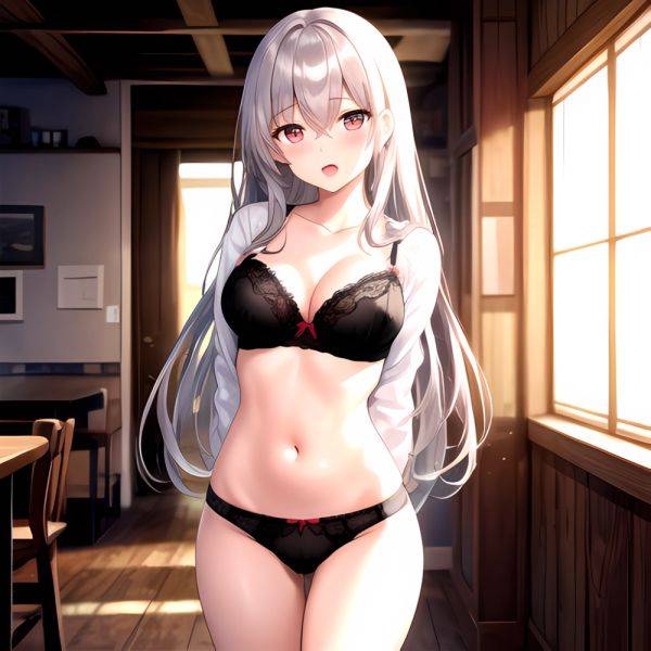 1girl Black Bra Blush Bra Breasts Double Parted Bangs Foreshortening Grey Hair Hair Between Eyes Indoors Large Breasts Long Hair, 2897039711 - AIHentai - aihentai.co on pornsimulated.com