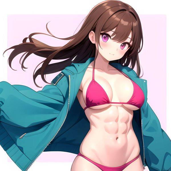 1girl Abs Bikini Breasts Brown Hair Colored Skin Jacket Large Breasts Muscular Muscular Female Pink Eyes Solo Swimsuit White Bac, 2146408265 - AIHentai - aihentai.co on pornsimulated.com