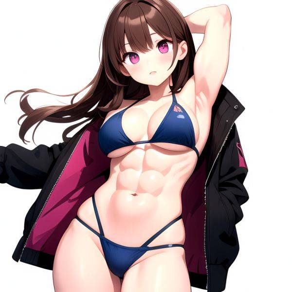 1girl Abs Bikini Breasts Brown Hair Colored Skin Jacket Large Breasts Muscular Muscular Female Pink Eyes Solo Swimsuit White Bac, 1752847469 - AIHentai - aihentai.co on pornsimulated.com