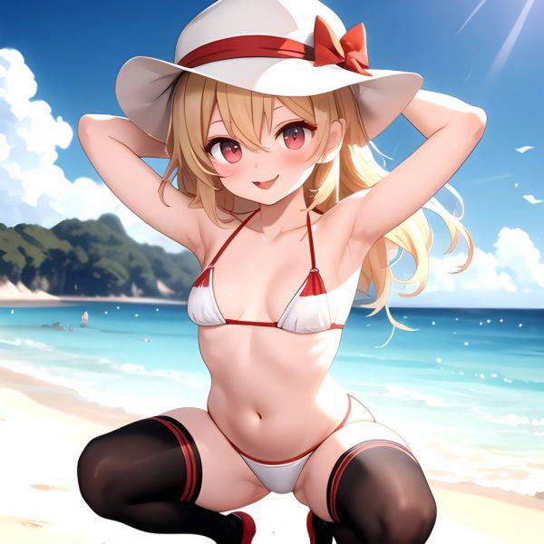 Armpits Bikini Breasts Red Eyes Red Thighhighs Small Breasts Thick Thighs White Bikini Flandre Scarlet 1girl P Blonde Hair Blush, 1398536751 - AIHentai - aihentai.co on pornsimulated.com