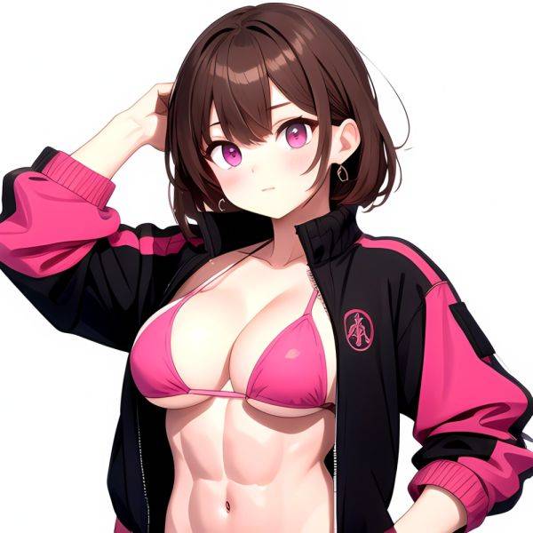 1girl Abs Bikini Breasts Brown Hair Colored Skin Jacket Large Breasts Muscular Muscular Female Pink Eyes Solo Swimsuit White Bac, 3989112814 - AIHentai - aihentai.co on pornsimulated.com