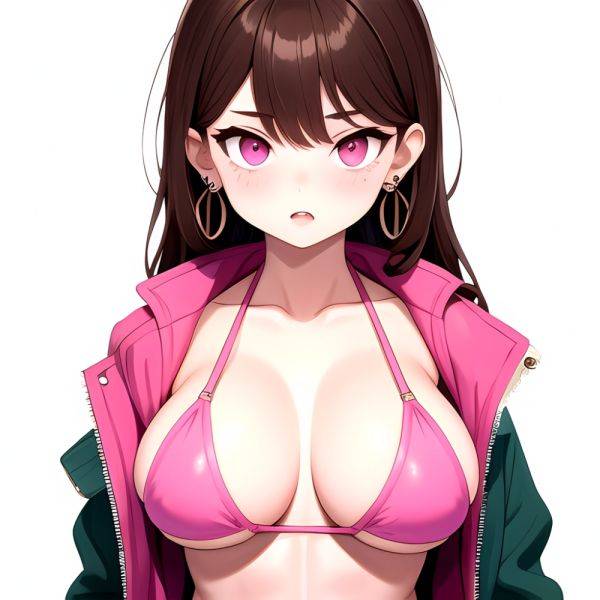 1girl Abs Bikini Breasts Brown Hair Colored Skin Earrings Jacket Jewelry Large Breasts Muscular Muscular Female Nose Piercing No, 2163510493 - AIHentai - aihentai.co on pornsimulated.com