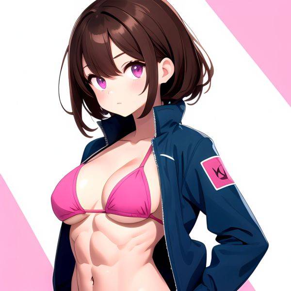1girl Abs Bikini Breasts Brown Hair Colored Skin Jacket Large Breasts Muscular Muscular Female Pink Eyes Solo Swimsuit White Bac, 2787343619 - AIHentai - aihentai.co on pornsimulated.com