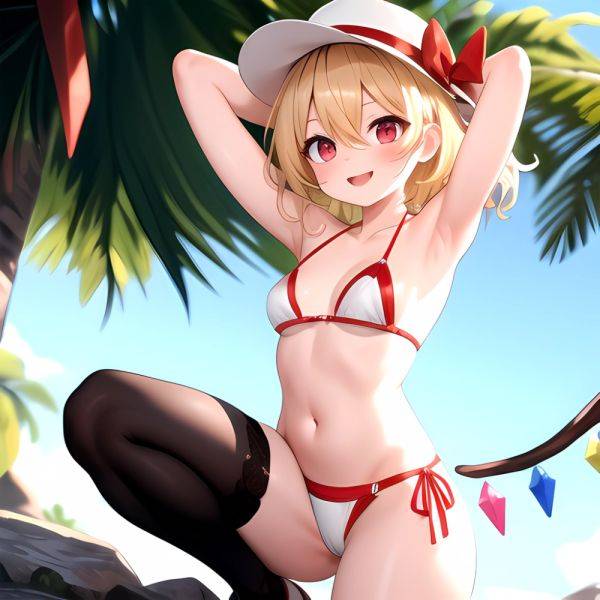 Armpits Bikini Breasts Red Eyes Red Thighhighs Small Breasts Thick Thighs White Bikini Blonde Hair Flandre Scarlet 1girl P Blush, 3295165259 - AIHentai - aihentai.co on pornsimulated.com