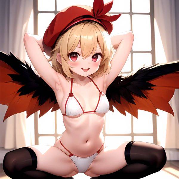 Armpits Bikini Breasts Red Eyes Red Thighhighs Small Breasts Thick Thighs White Bikini Blonde Hair Flandre Scarlet 1girl P Blush, 1620288370 - AIHentai - aihentai.co on pornsimulated.com