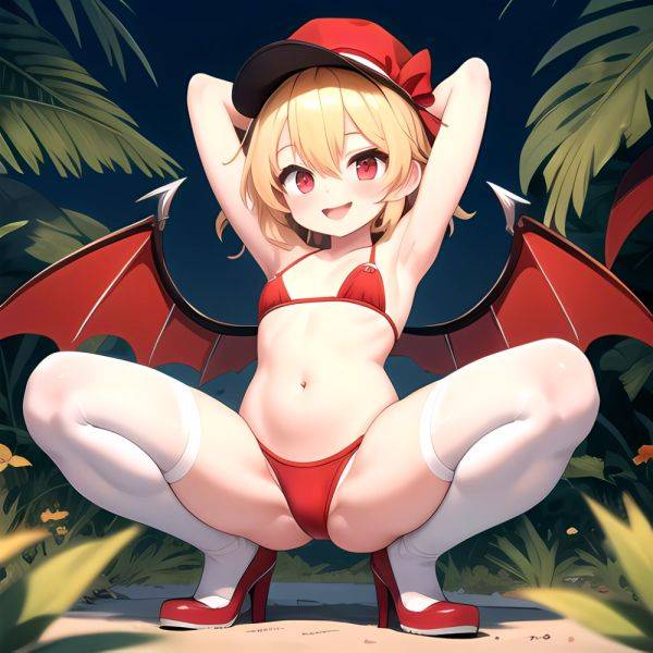Armpits Bikini Breasts Red Eyes Red Thighhighs Small Breasts Thick Thighs White Bikini Blonde Hair Flandre Scarlet 1girl P Blush, 349144465 - AIHentai - aihentai.co on pornsimulated.com