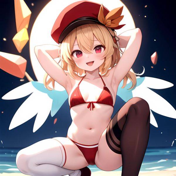 Armpits Bikini Breasts Red Eyes Red Thighhighs Small Breasts Thick Thighs White Bikini Blonde Hair Flandre Scarlet 1girl P Blush, 1351760659 - AIHentai - aihentai.co on pornsimulated.com