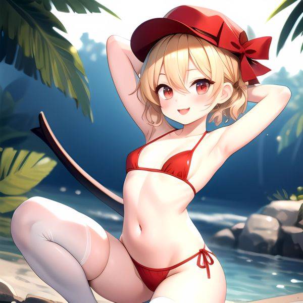 Armpits Bikini Breasts Red Eyes Red Thighhighs Small Breasts Thick Thighs White Bikini Flandre Scarlet 1girl P Blonde Hair Blush, 3638603831 - AIHentai - aihentai.co on pornsimulated.com