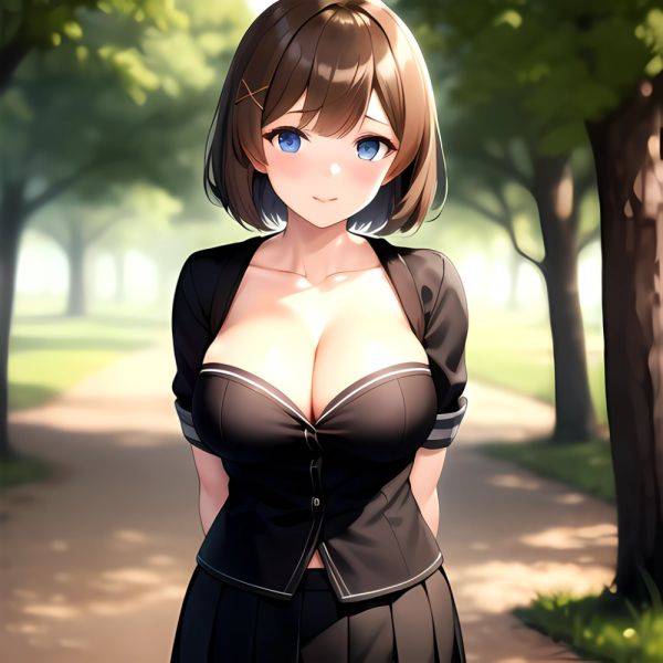 Blue Eyes Breasts Brown Hair Cleavage Large Breasts Short Hair Skirt Maya Kancolle 1girl Alternate Costume Arms Behind Back Blac, 3281230743 - AIHentai - aihentai.co on pornsimulated.com