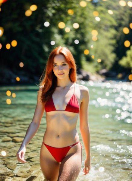 AI generated redhead Hanna Jane strips her red bikini & poses naked in nature - pornpics.com on pornsimulated.com