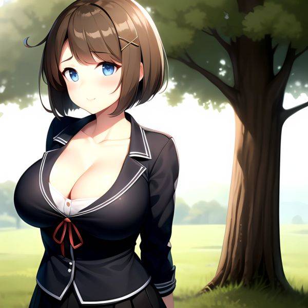 Blue Eyes Breasts Brown Hair Cleavage Large Breasts Short Hair Skirt Maya Kancolle 1girl Alternate Costume Arms Behind Back Blac, 3858961793 - AIHentai - aihentai.co on pornsimulated.com