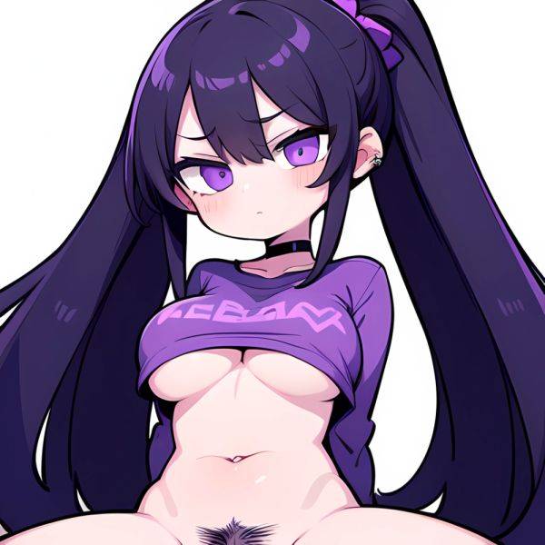 1girl Cowboy Shot Large Breasts Looking At Viewer Naked Shirt Navel Ponytail Pubic Hair Purple Eyes Purple Hair Purple Shirt, 2161940332 - AIHentai - aihentai.co on pornsimulated.com