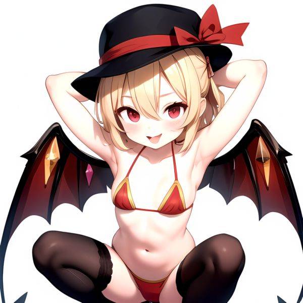 Armpits Bikini Breasts Red Eyes Red Thighhighs Small Breasts Thick Thighs White Bikini Blonde Hair Flandre Scarlet 1girl P Blush, 2903233591 - AIHentai - aihentai.co on pornsimulated.com