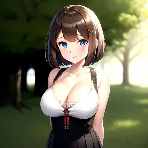 Blue Eyes Breasts Brown Hair Cleavage Large Breasts Short Hair Skirt Maya Kancolle 1girl Alternate Costume Arms Behind Back Blac, 2587626107 - AIHentai - aihentai.co on pornsimulated.com