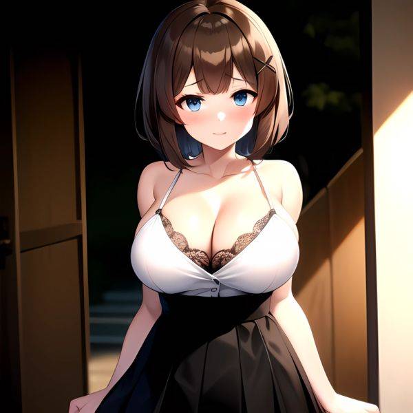Blue Eyes Breasts Brown Hair Cleavage Large Breasts Short Hair Skirt Maya Kancolle 1girl Alternate Costume Arms Behind Back Blac, 546491940 - AIHentai - aihentai.co on pornsimulated.com