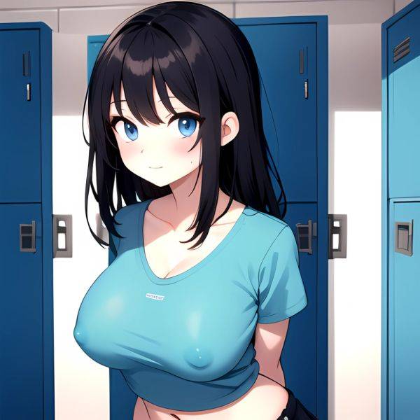 Black Hair Blue Eyes Pubic Hair Pussy Nipples Large Breasts Cleavage Takarada Rikka 1girl Blue Shirt Blush Closed Mouth Collarbo, 1028573614 - AIHentai - aihentai.co on pornsimulated.com