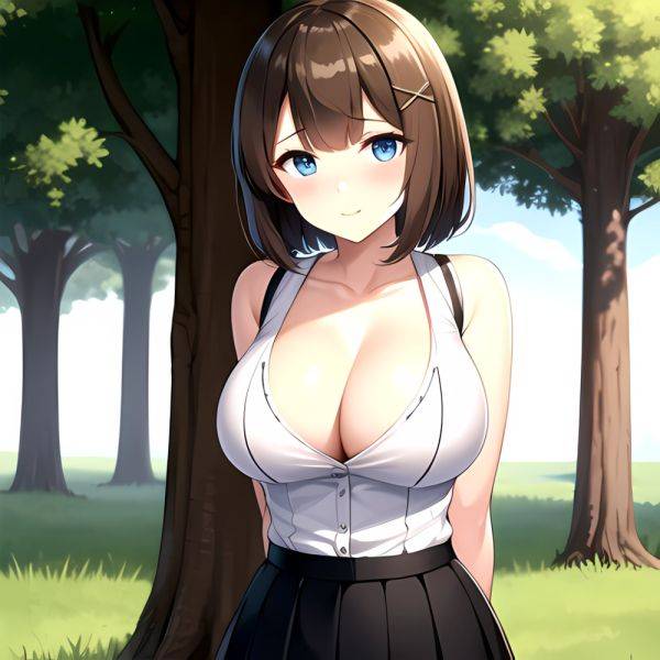 Blue Eyes Breasts Brown Hair Cleavage Large Breasts Short Hair Skirt Maya Kancolle 1girl Alternate Costume Arms Behind Back Blac, 2698729477 - AIHentai - aihentai.co on pornsimulated.com