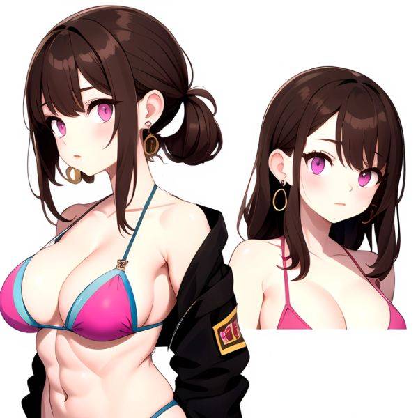 1girl Abs Bikini Breasts Brown Hair Colored Skin Earrings Jacket Jewelry Large Breasts Muscular Muscular Female Nose Piercing No, 1892641092 - AIHentai - aihentai.co on pornsimulated.com
