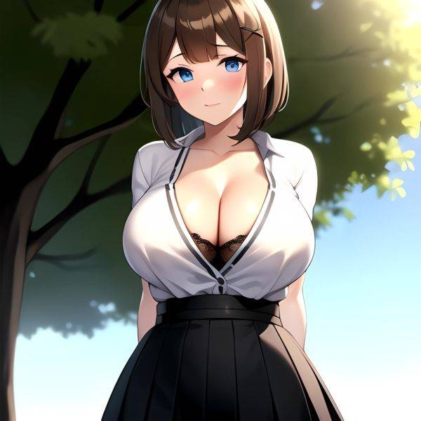 Blue Eyes Breasts Brown Hair Cleavage Large Breasts Short Hair Skirt Maya Kancolle 1girl Alternate Costume Arms Behind Back Blac, 1929248550 - AIHentai - aihentai.co on pornsimulated.com