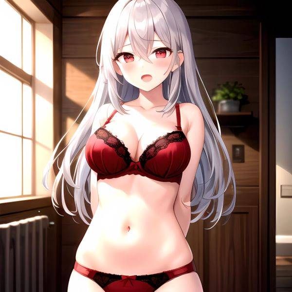 1girl Red Bra Blush Bra Breasts Double Parted Bangs Grey Hair Hair Between Eyes Indoors Large Breasts Long Hair Looking, 3844521676 - AIHentai - aihentai.co on pornsimulated.com