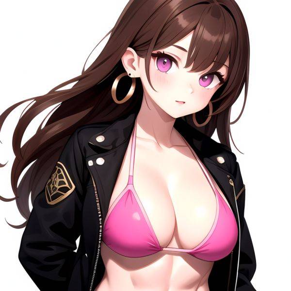 1girl Abs Bikini Breasts Brown Hair Colored Skin Earrings Jacket Jewelry Large Breasts Muscular Muscular Female Nose Piercing No, 4226303752 - AIHentai - aihentai.co on pornsimulated.com