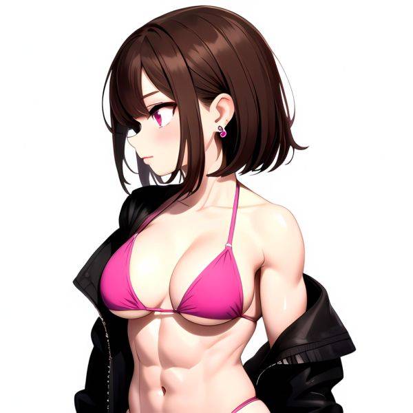 1girl Abs Bikini Breasts Brown Hair Colored Skin Earrings Jacket Jewelry Large Breasts Looking To The Side Muscular Muscular Fem, 3156871710 - AIHentai - aihentai.co on pornsimulated.com