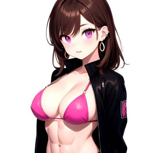 1girl Abs Bikini Breasts Brown Hair Colored Skin Earrings Jacket Jewelry Large Breasts Muscular Muscular Female Nose Piercing No, 1862960319 - AIHentai - aihentai.co on pornsimulated.com