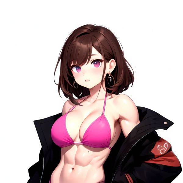 1girl Abs Bikini Breasts Brown Hair Colored Skin Earrings Jacket Jewelry Large Breasts Muscular Muscular Female Nose Piercing No, 1044328412 - AIHentai - aihentai.co on pornsimulated.com