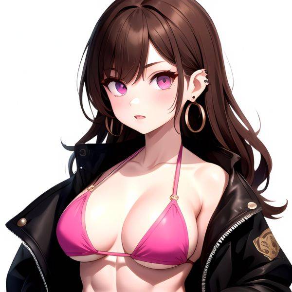 1girl Abs Bikini Breasts Brown Hair Colored Skin Earrings Jacket Jewelry Large Breasts Muscular Muscular Female Nose Piercing No, 1791919162 - AIHentai - aihentai.co on pornsimulated.com