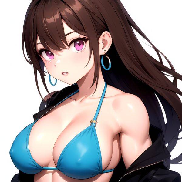 1girl Abs Bikini Breasts Brown Hair Colored Skin Earrings Jacket Jewelry Large Breasts Muscular Muscular Female Nose Piercing No, 4028614610 - AIHentai - aihentai.co on pornsimulated.com
