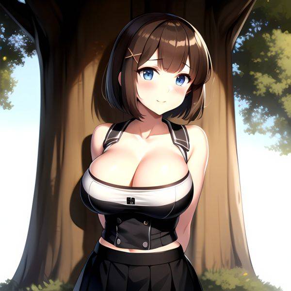 Blue Eyes Breasts Brown Hair Cleavage Large Breasts Short Hair Skirt Maya Kancolle 1girl Alternate Costume Arms Behind Back Blac, 3156927562 - AIHentai - aihentai.co on pornsimulated.com