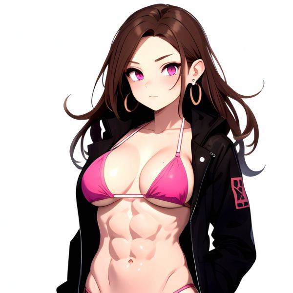 1girl Abs Bikini Breasts Brown Hair Colored Skin Earrings Jacket Jewelry Large Breasts Muscular Muscular Female Nose Piercing No, 385371223 - AIHentai - aihentai.co on pornsimulated.com