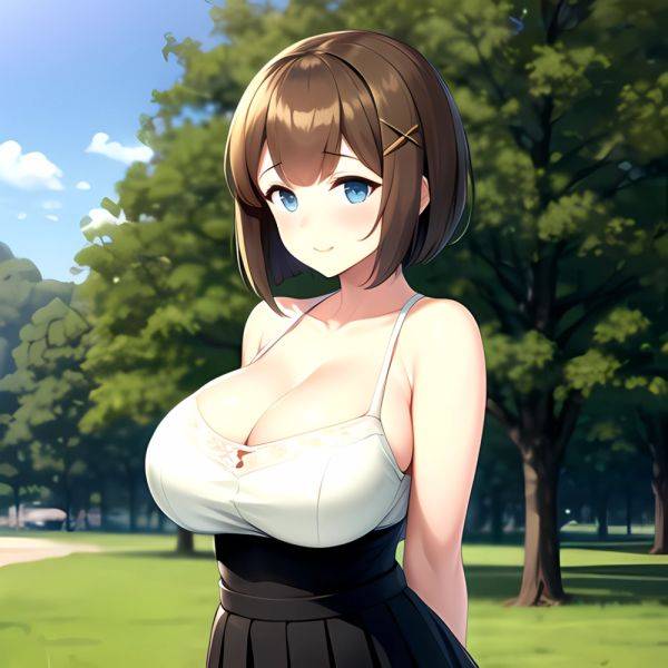 Blue Eyes Breasts Brown Hair Cleavage Large Breasts Short Hair Skirt Maya Kancolle 1girl Alternate Costume Arms Behind Back Blac, 364539132 - AIHentai - aihentai.co on pornsimulated.com