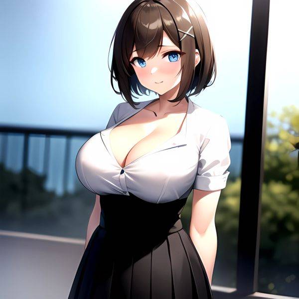 Blue Eyes Breasts Brown Hair Cleavage Large Breasts Short Hair Skirt Maya Kancolle 1girl Alternate Costume Arms Behind Back Blac, 87794908 - AIHentai - aihentai.co on pornsimulated.com