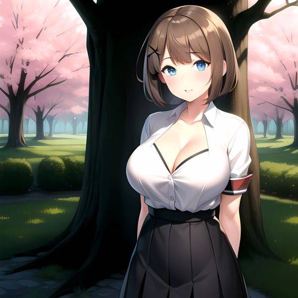 Blue Eyes Breasts Brown Hair Cleavage Large Breasts Short Hair Skirt Maya Kancolle 1girl Alternate Costume Arms Behind Back Blac, 486642138 - AIHentai - aihentai.co on pornsimulated.com