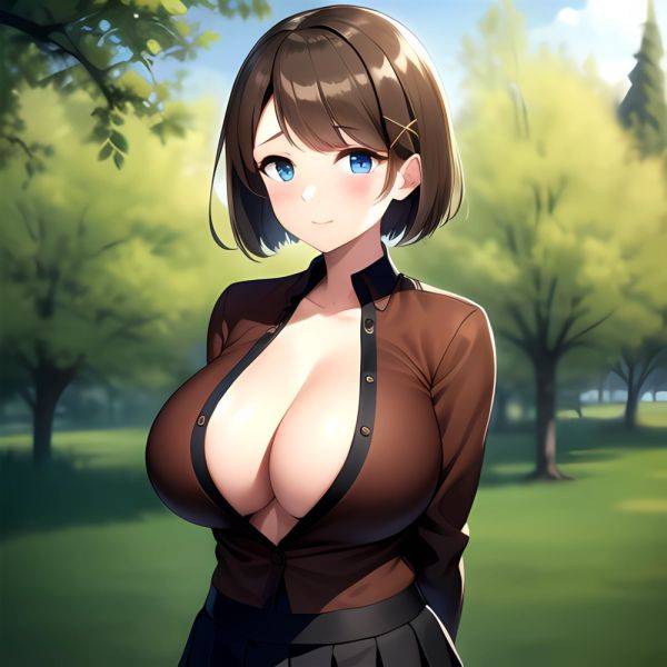 Blue Eyes Breasts Brown Hair Cleavage Large Breasts Short Hair Skirt Maya Kancolle 1girl Alternate Costume Arms Behind Back Blac, 1498313524 - AIHentai - aihentai.co on pornsimulated.com