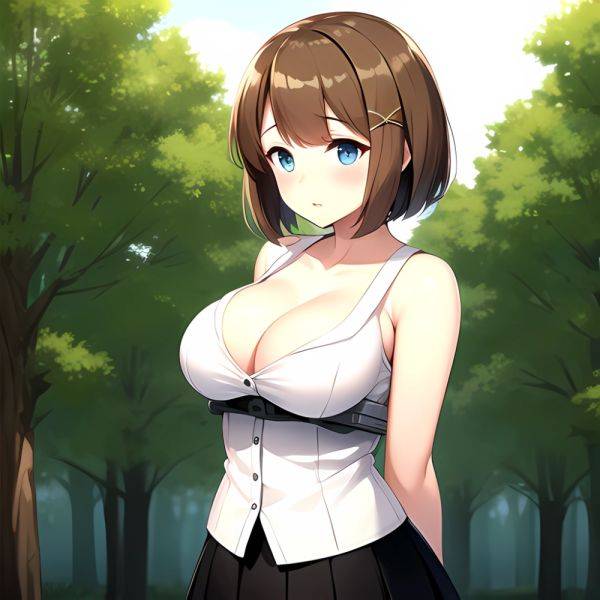 Blue Eyes Breasts Brown Hair Cleavage Large Breasts Short Hair Skirt Maya Kancolle 1girl Alternate Costume Arms Behind Back Blac, 3654799498 - AIHentai - aihentai.co on pornsimulated.com