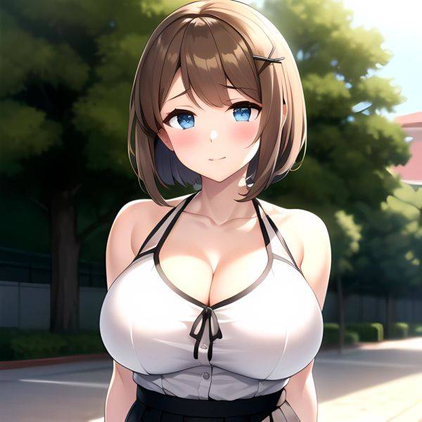 Blue Eyes Breasts Brown Hair Cleavage Large Breasts Short Hair Skirt Maya Kancolle 1girl Alternate Costume Arms Behind Back Blac, 1683487360 - AIHentai - aihentai.co on pornsimulated.com