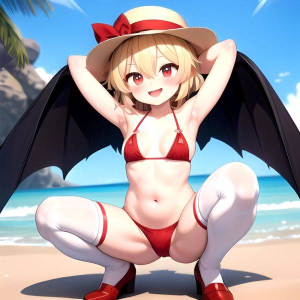 Armpits Bikini Breasts Red Eyes Red Thighhighs Small Breasts Thick Thighs White Bikini Blonde Hair Flandre Scarlet 1girl P Blush, 2201361517 - AIHentai - aihentai.co on pornsimulated.com
