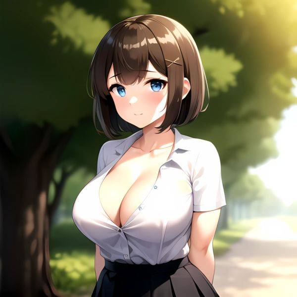 Blue Eyes Breasts Brown Hair Cleavage Large Breasts Short Hair Skirt Maya Kancolle 1girl Alternate Costume Arms Behind Back Blac, 1318893245 - AIHentai - aihentai.co on pornsimulated.com