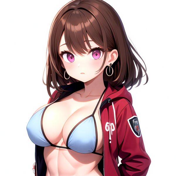 1girl Abs Bikini Breasts Brown Hair Colored Skin Earrings Jacket Jewelry Large Breasts Muscular Muscular Female Nose Piercing No, 3531030566 - AIHentai - aihentai.co on pornsimulated.com