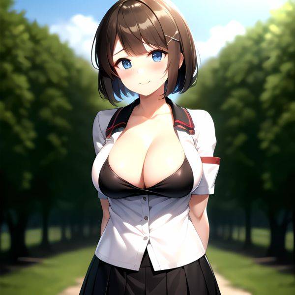 Blue Eyes Breasts Brown Hair Cleavage Large Breasts Short Hair Skirt Maya Kancolle 1girl Alternate Costume Arms Behind Back Blac, 2524790886 - AIHentai - aihentai.co on pornsimulated.com