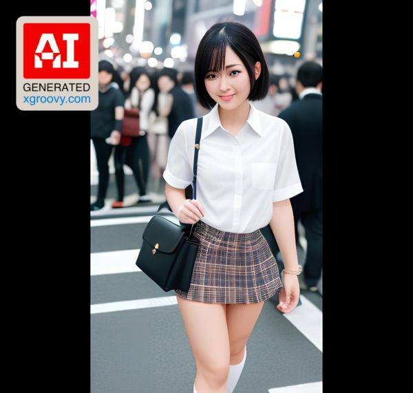 Short-haired Japanese schoolgirl with an alternative twist, rocking high socks and a happy, sexy expression at Shibuya Crossing. - xgroovy.com on pornsimulated.com