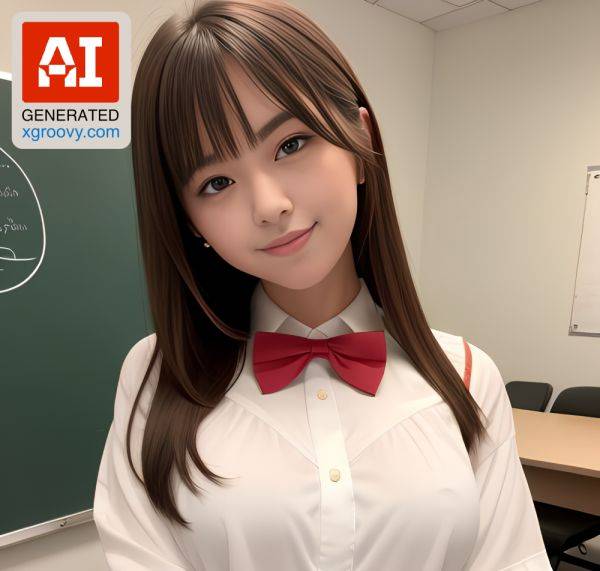 Kneeling in her blouse and bow tie, this 18yo Japanese beauty teases the camera with her small tits. - xgroovy.com on pornsimulated.com