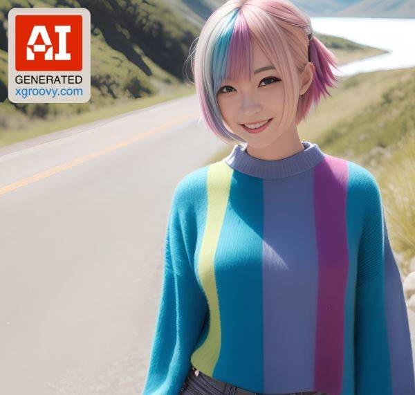 I show off my happy face and write, 'I'm a naughty 18yo Japanese cutie who loves to show off my body in the mountains. Rated me, Daddy!' - xgroovy.com on pornsimulated.com