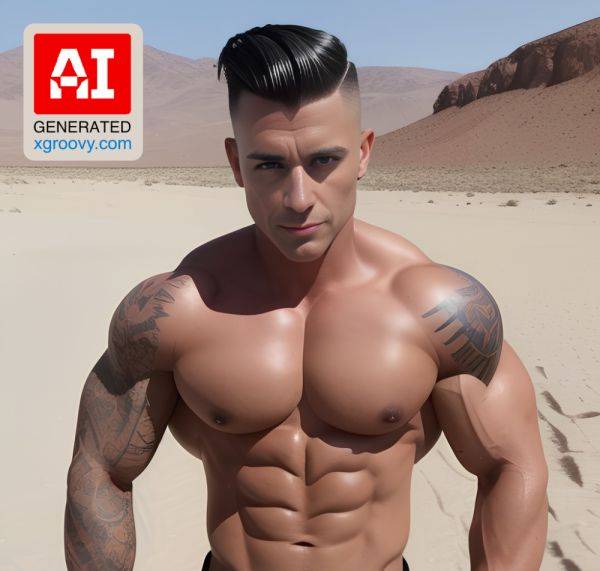 Muscular blonde with tattoos, oiled body & abs in military gear, ready to explore the hot desert. - xgroovy.com on pornsimulated.com
